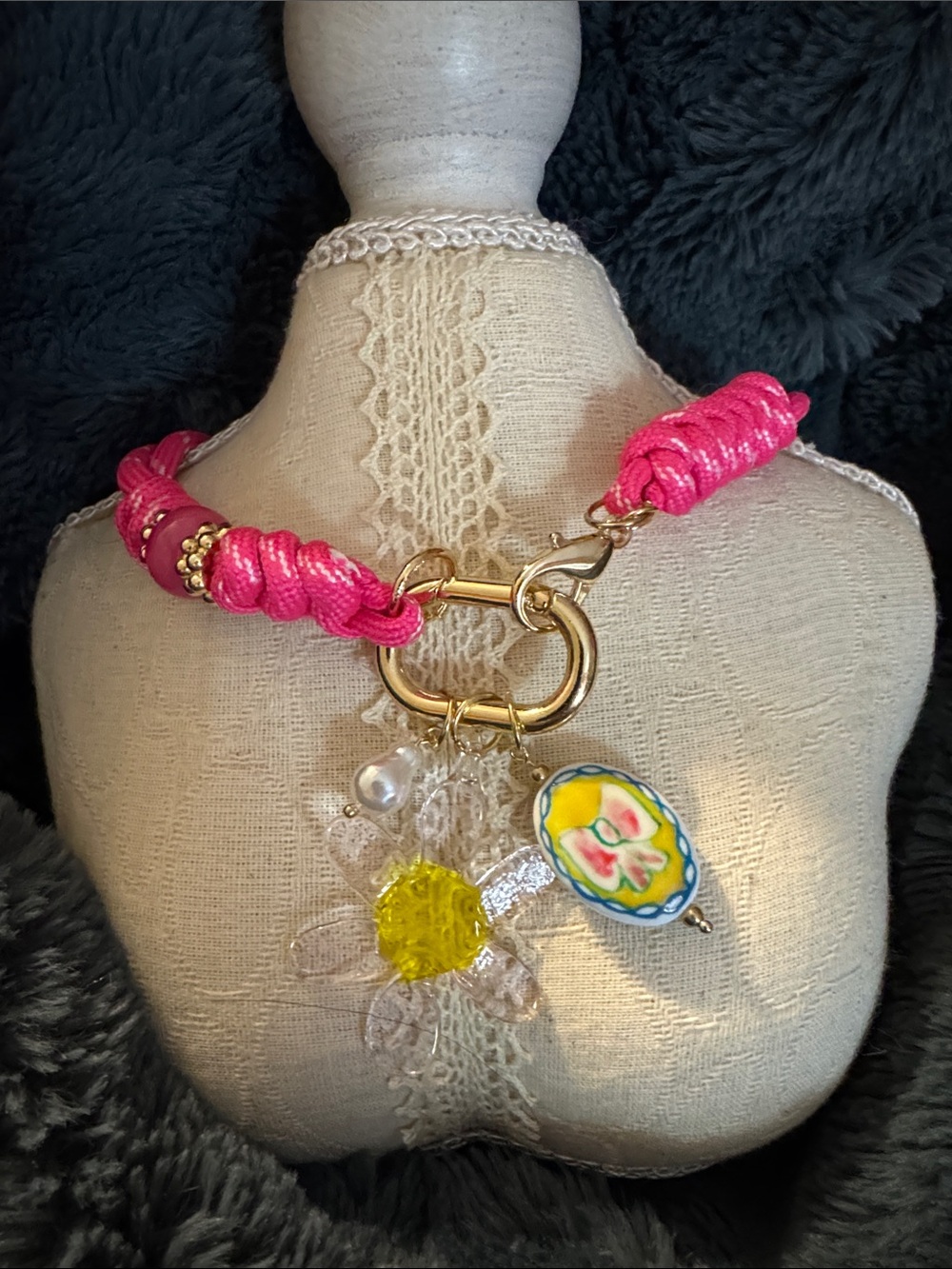 Pink Rope Necklace with Floral Charmed